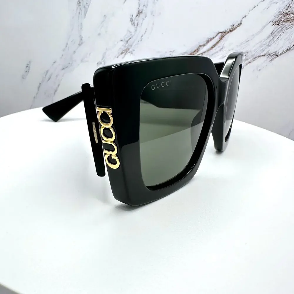 New GUCCI Sunglasses Black Gold Logo Square Oversized 51mm Grey Lens Womens